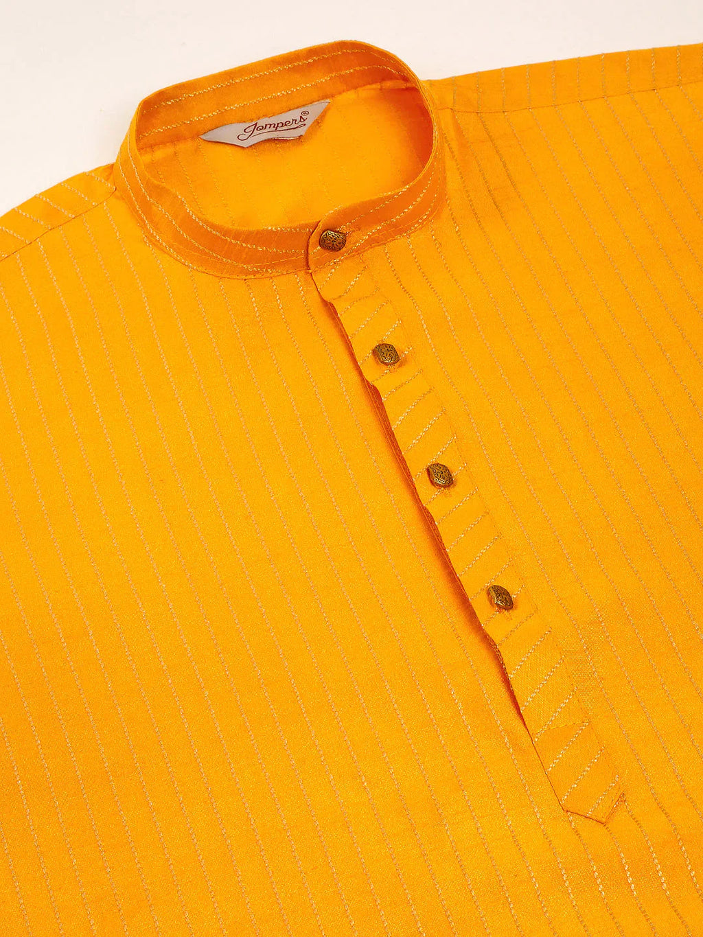 Jompers Men's Mustard Striped Pleated Chikankari Kurta pyjama Set