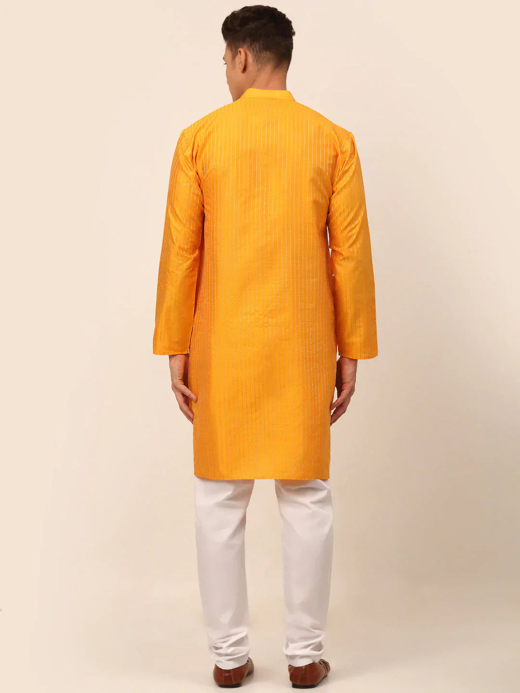 Jompers Men's Mustard Striped Pleated Chikankari Kurta pyjama Set