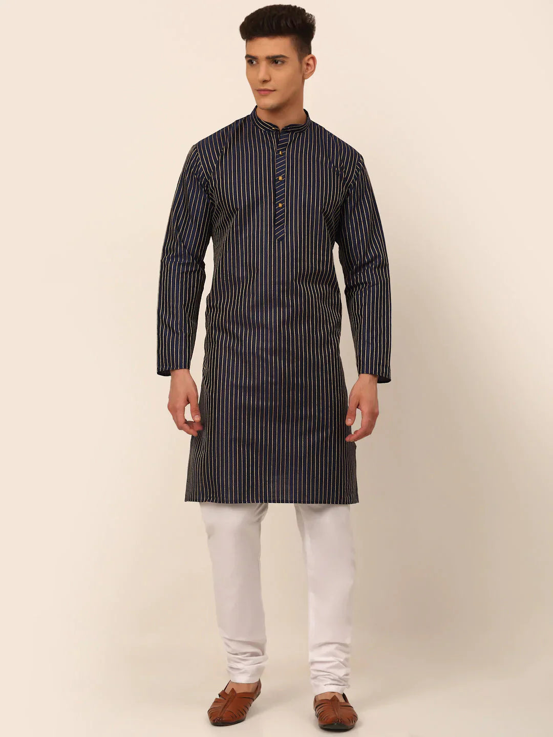 Jompers Men's Navy Blue Striped Pleated Chikankari Kurta pyjama Set