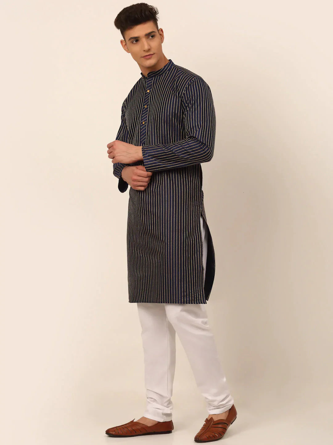 Jompers Men's Navy Blue Striped Pleated Chikankari Kurta pyjama Set