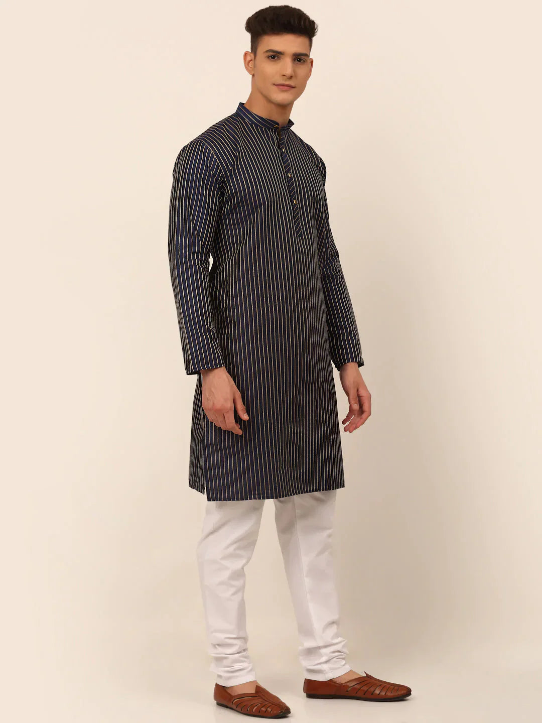 Jompers Men's Navy Blue Striped Pleated Chikankari Kurta pyjama Set