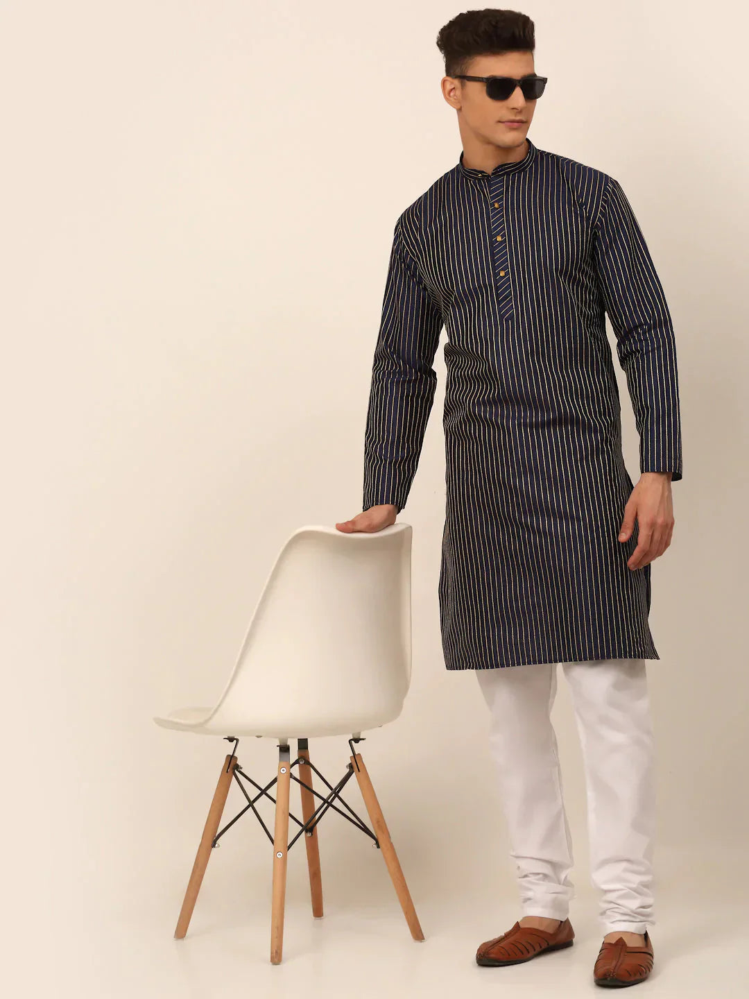 Jompers Men's Navy Blue Striped Pleated Chikankari Kurta pyjama Set