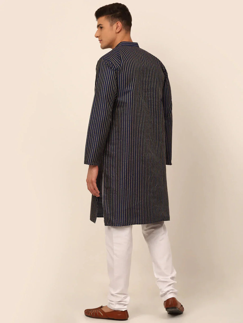 Jompers Men's Navy Blue Striped Pleated Chikankari Kurta pyjama Set