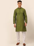 Jompers Men's Olive Green Striped Pleated Chikankari Kurta pyjama Set