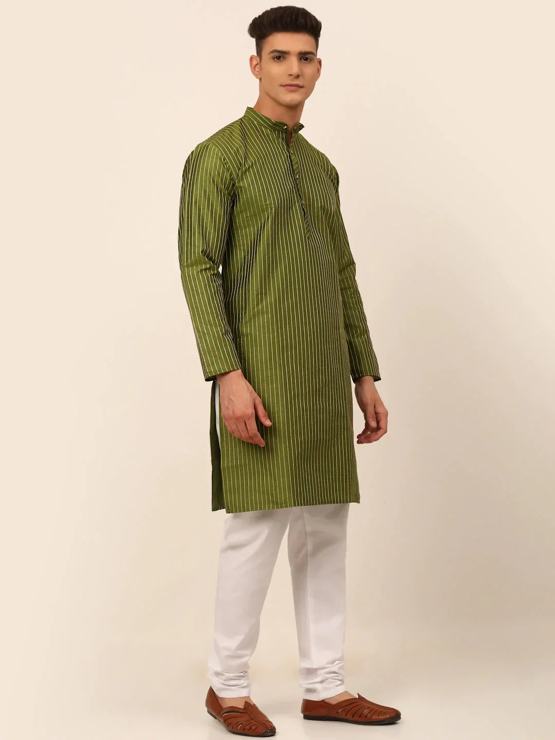 Jompers Men's Olive Green Striped Pleated Chikankari Kurta pyjama Set