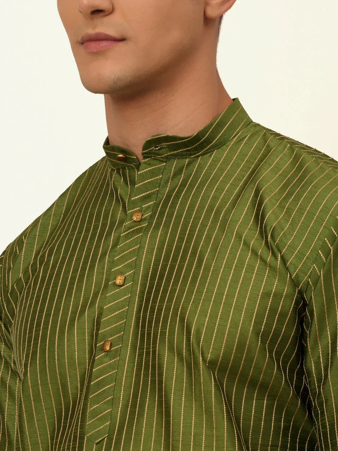 Jompers Men's Olive Green Striped Pleated Chikankari Kurta pyjama Set