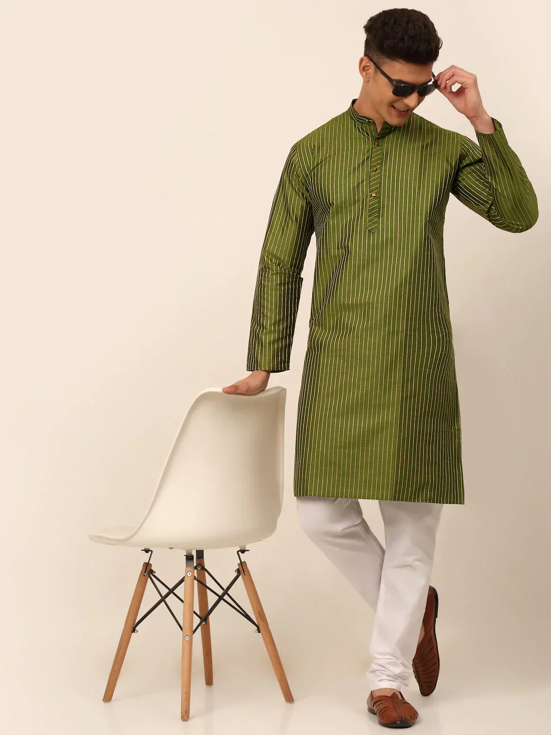 Jompers Men's Olive Green Striped Pleated Chikankari Kurta pyjama Set