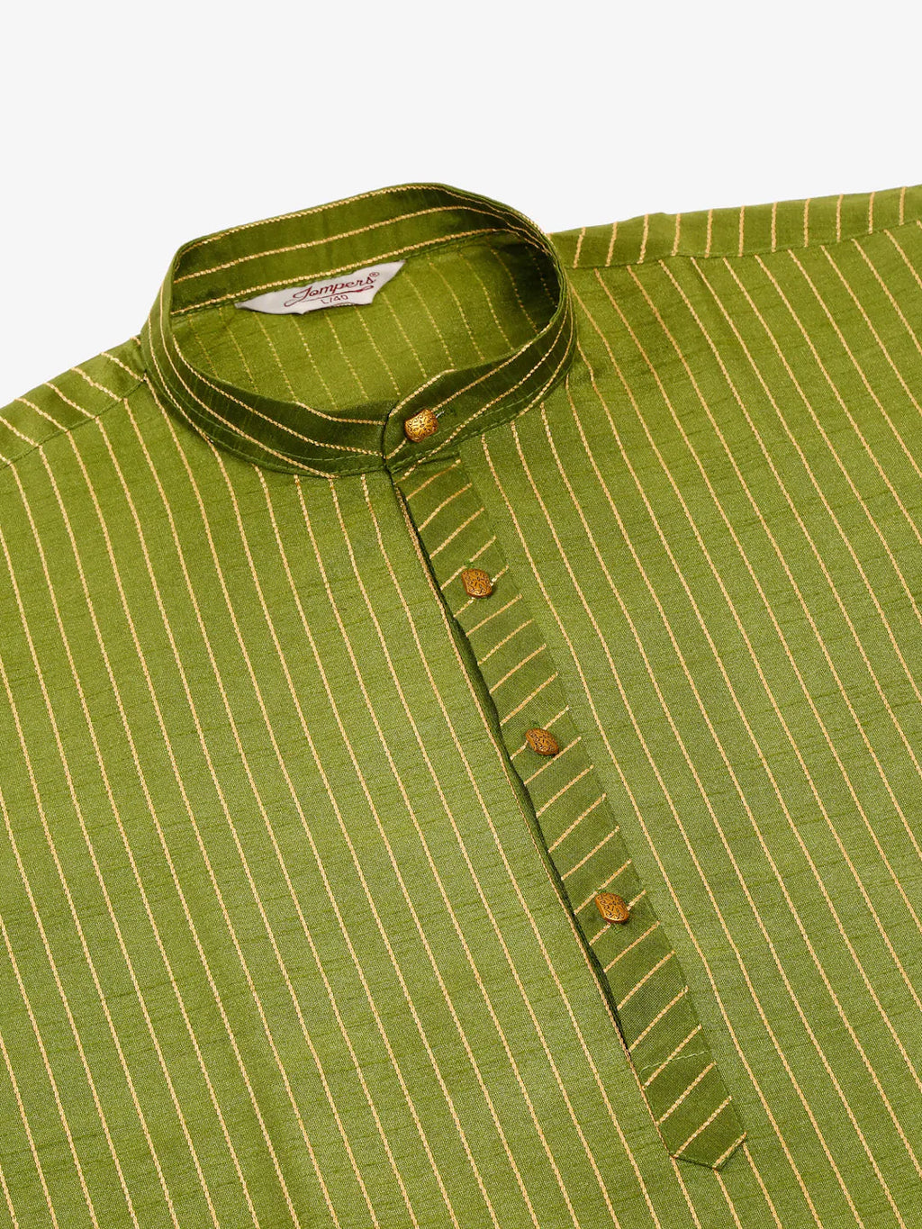 Jompers Men's Olive Green Striped Pleated Chikankari Kurta pyjama Set
