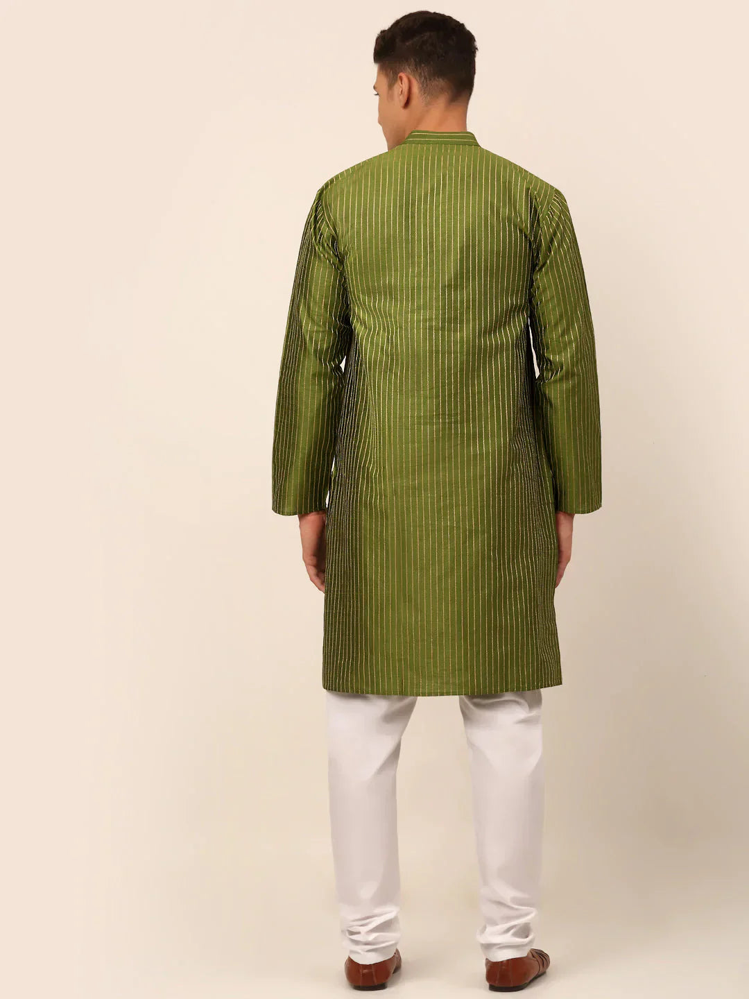 Jompers Men's Olive Green Striped Pleated Chikankari Kurta pyjama Set