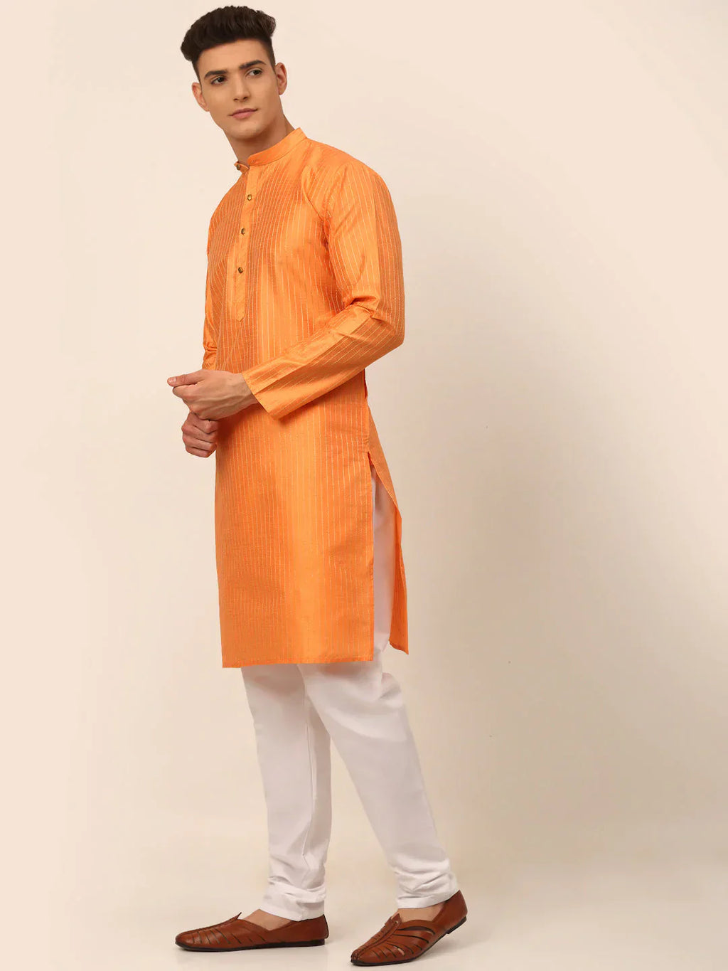 Jompers Men's Peach Striped Pleated Chikankari Kurta pyjama Set