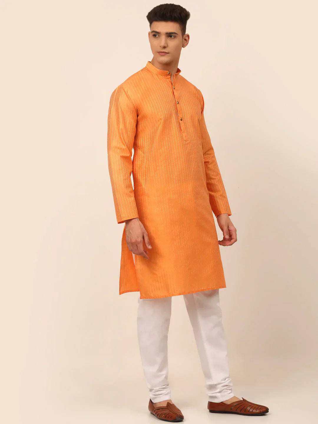 Jompers Men's Peach Striped Pleated Chikankari Kurta pyjama Set
