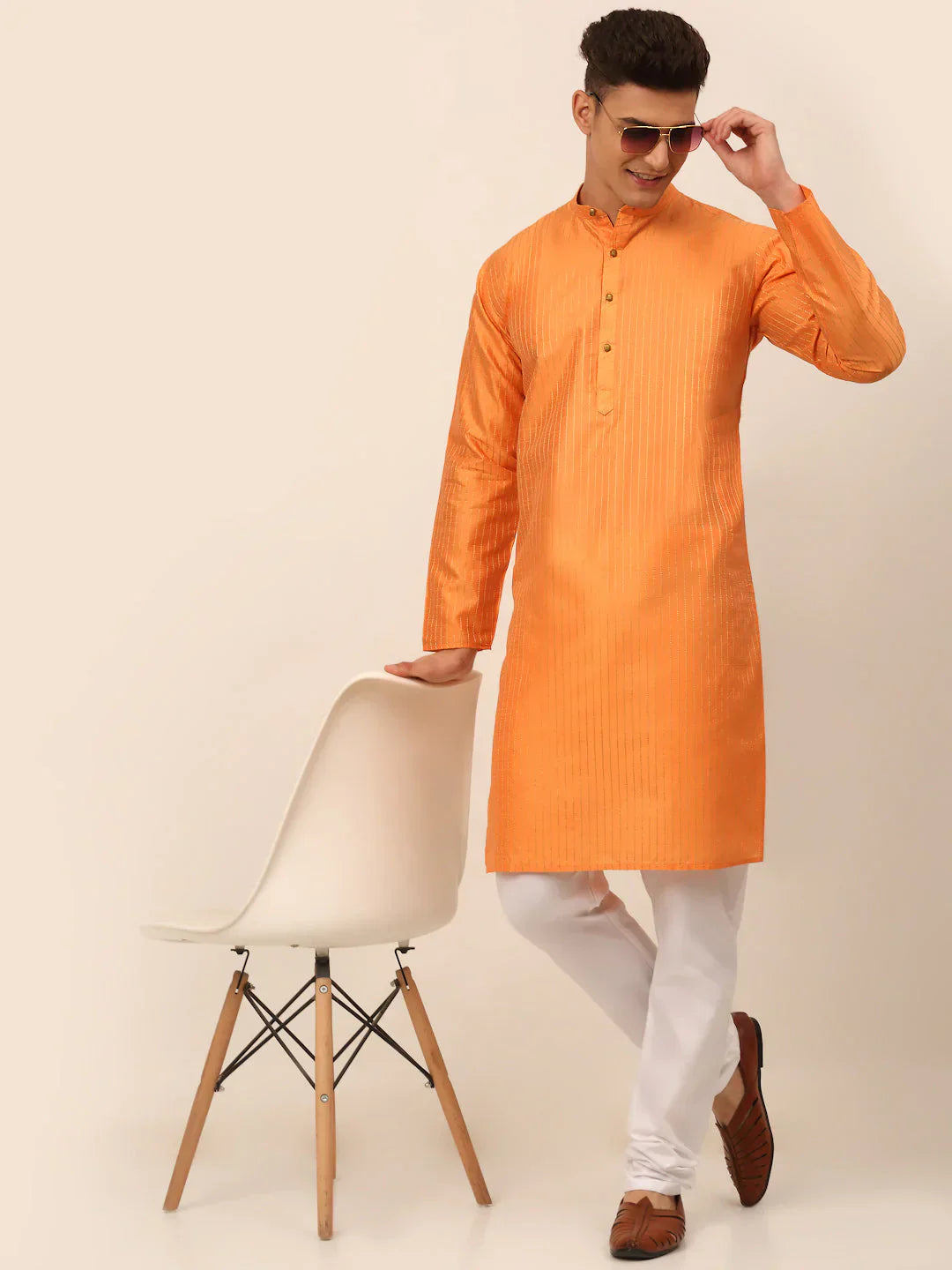 Jompers Men's Peach Striped Pleated Chikankari Kurta pyjama Set