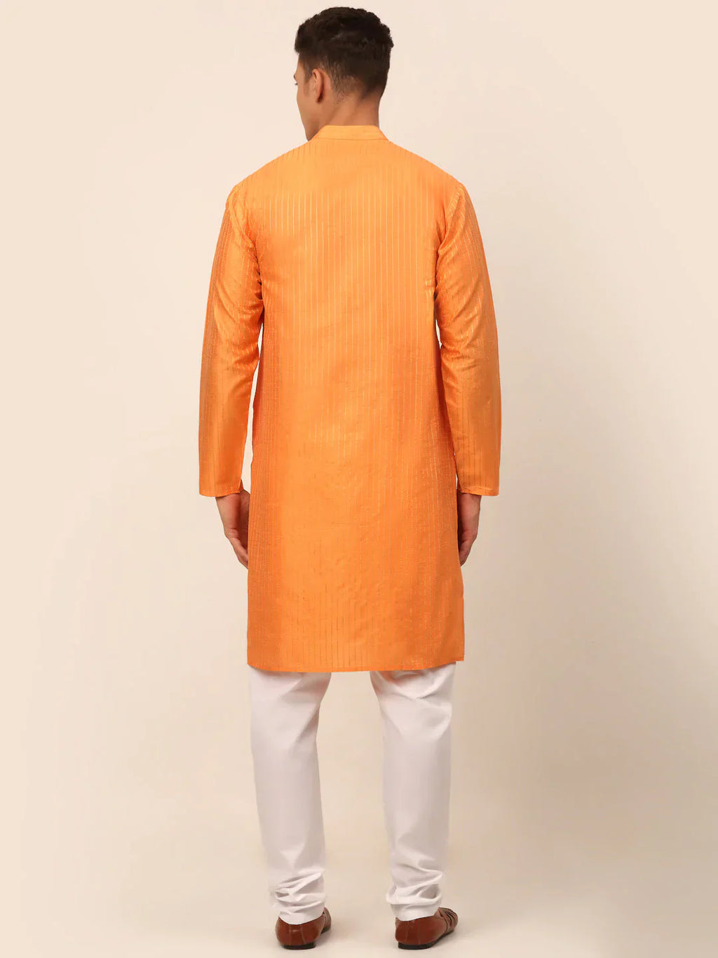 Jompers Men's Peach Striped Pleated Chikankari Kurta pyjama Set