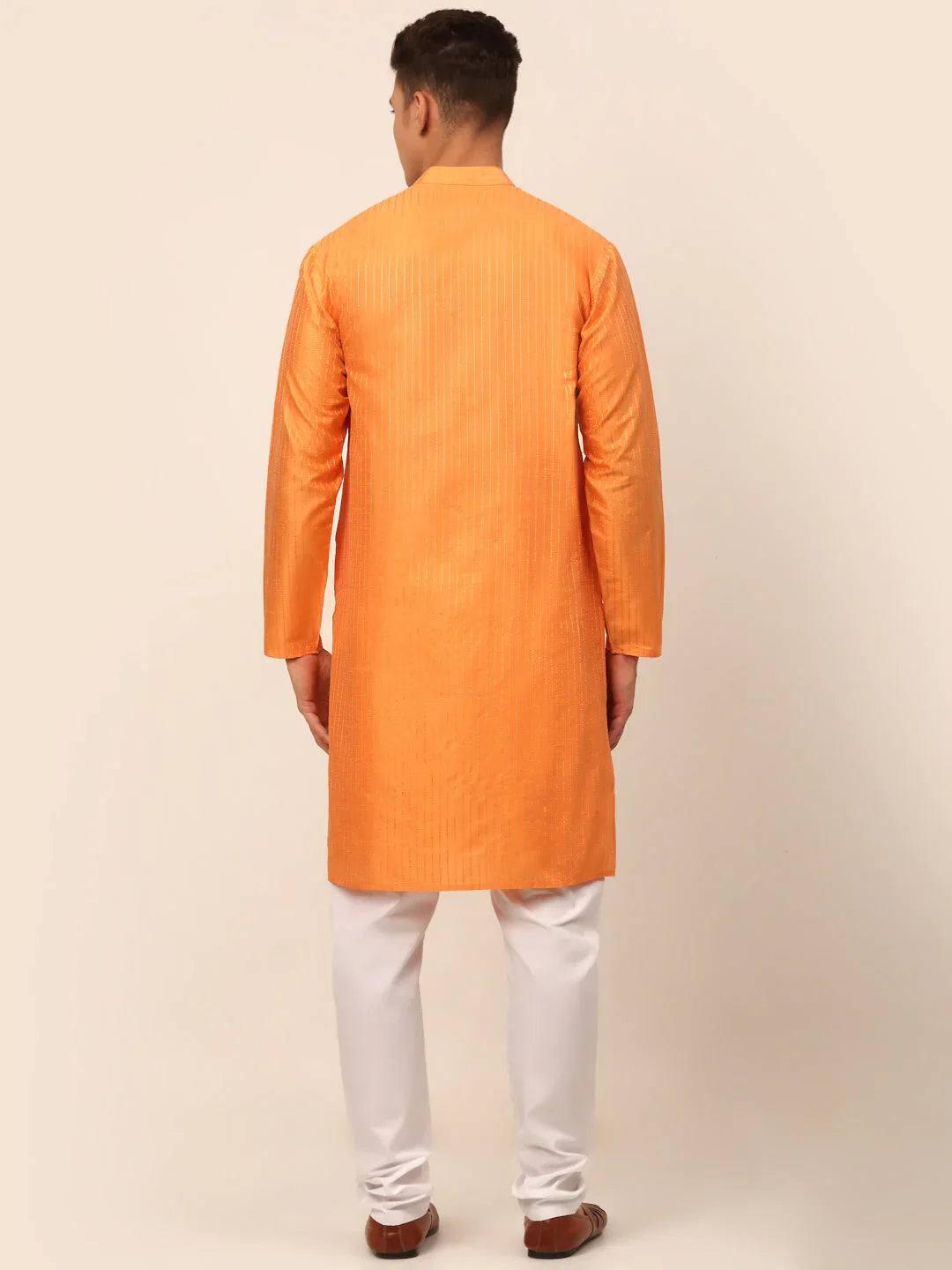Jompers Men's Peach Striped Pleated Chikankari Kurta pyjama Set