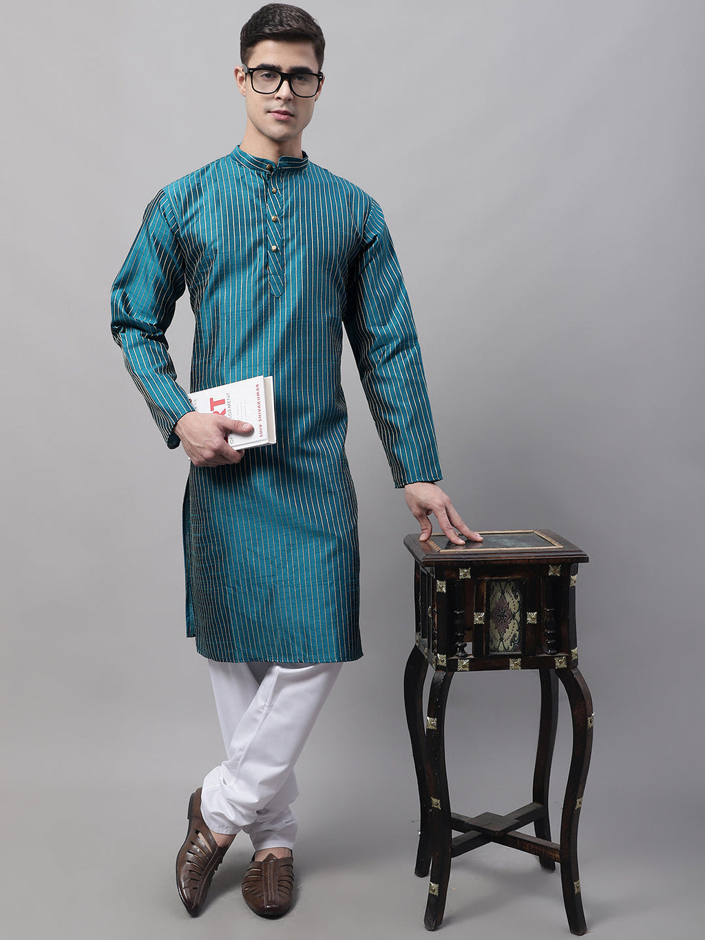 Jompers Men's Peacock Blue Embroidered Design Kurta with Pyjamas