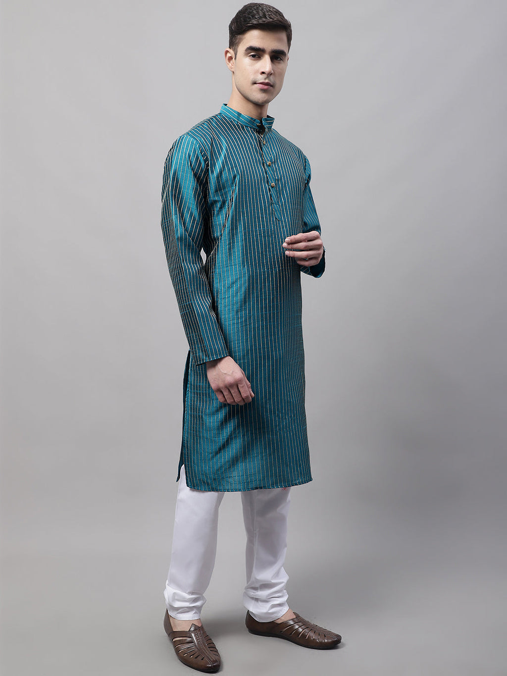 Jompers Men's Peacock Blue Embroidered Design Kurta with Pyjamas