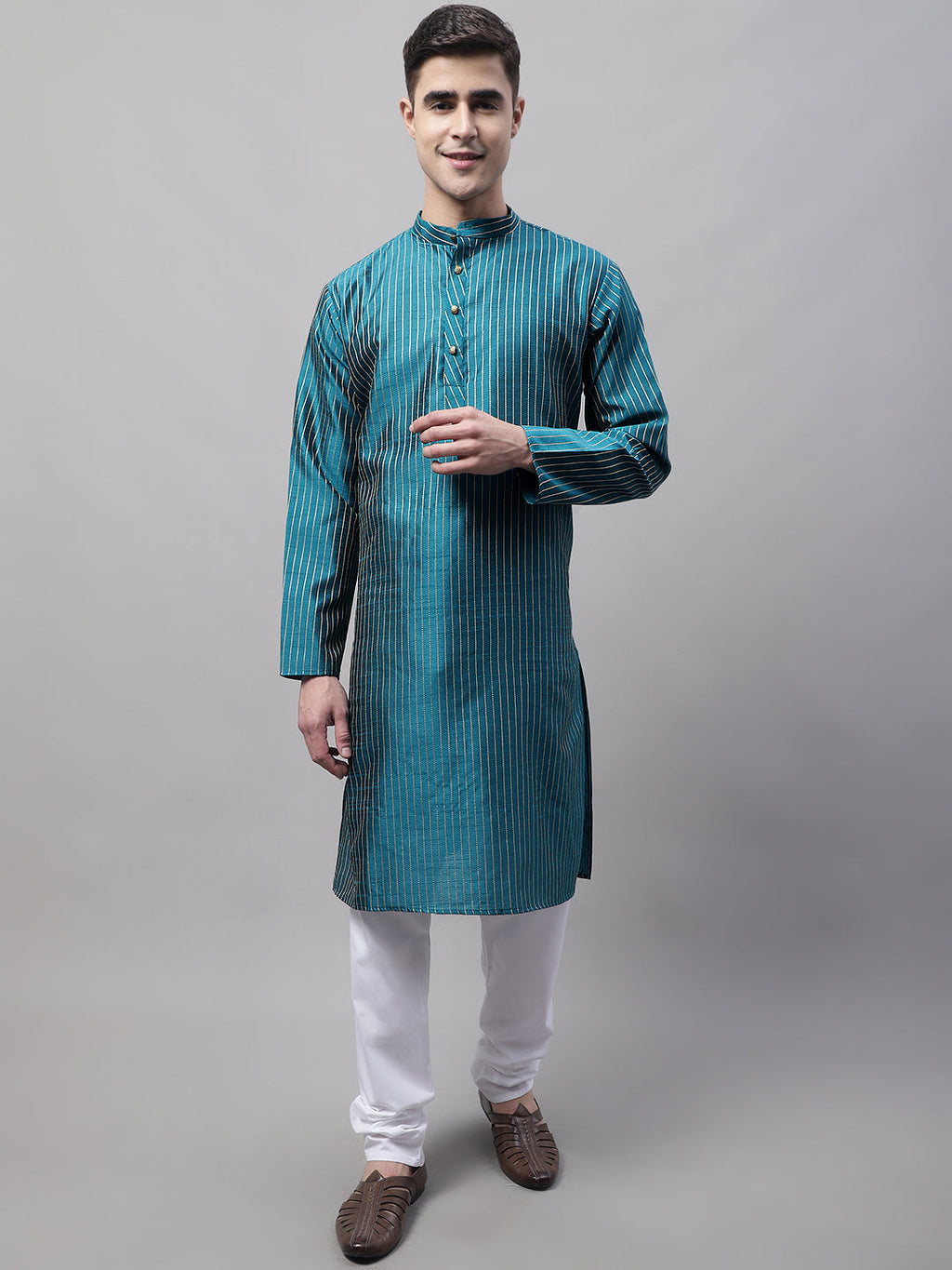 Jompers Men's Peacock Blue Embroidered Design Kurta with Pyjamas