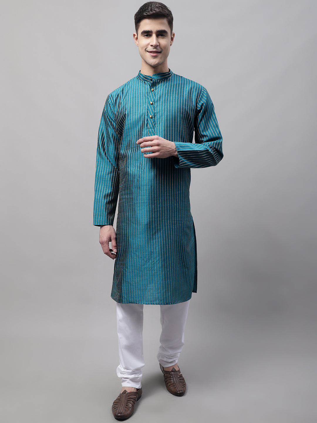 Jompers Men's Peacock Blue Embroidered Design Kurta with Pyjamas