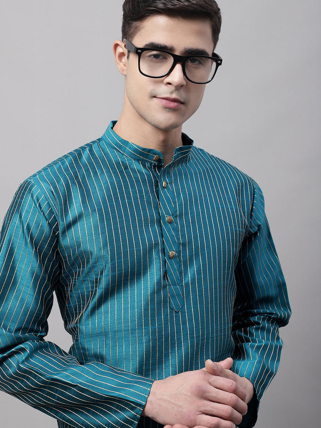 Jompers Men's Peacock Blue Embroidered Design Kurta with Pyjamas