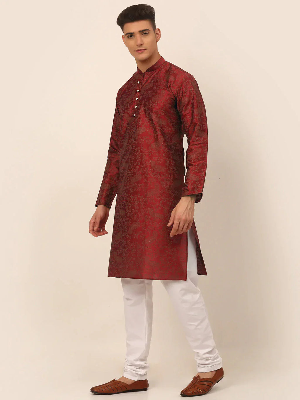 Jompers Men's Maroon Paisley Printed Kurta with Pyjama