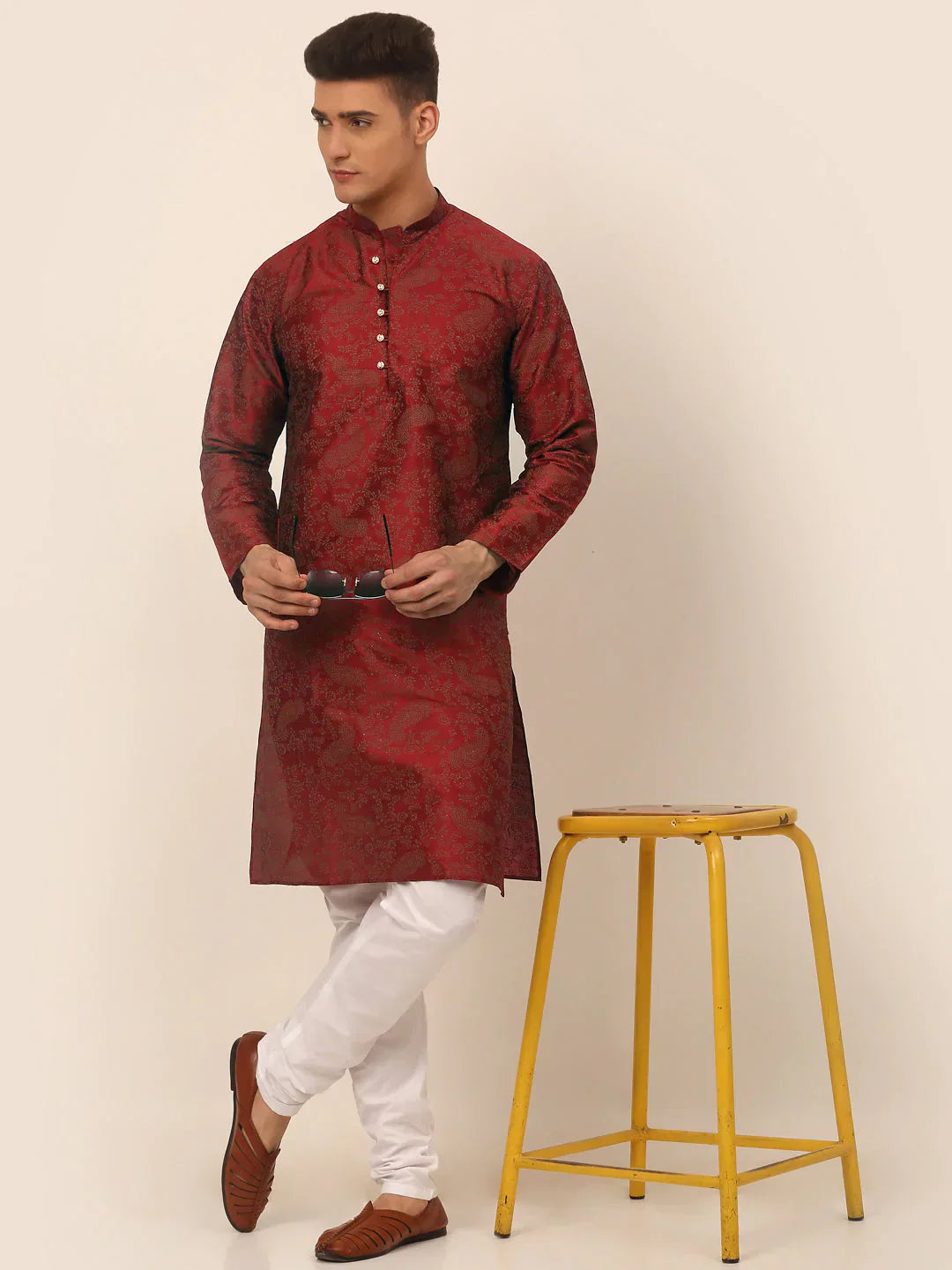 Jompers Men's Maroon Paisley Printed Kurta with Pyjama
