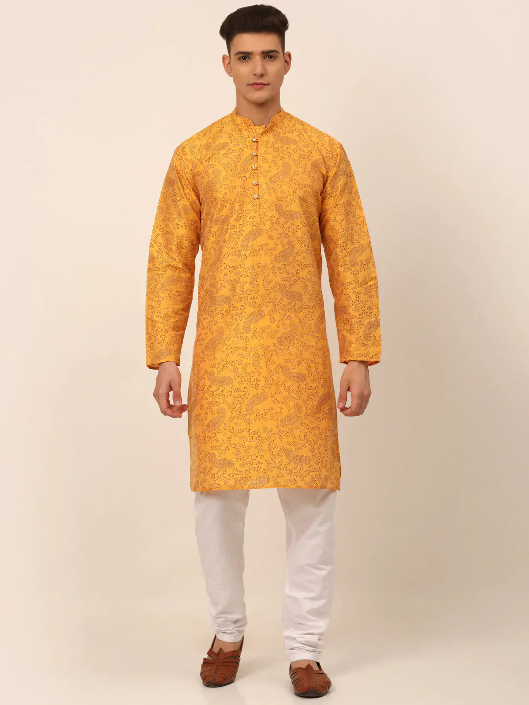Jompers Men's Mustard Paisley Printed Kurta with Pyjama