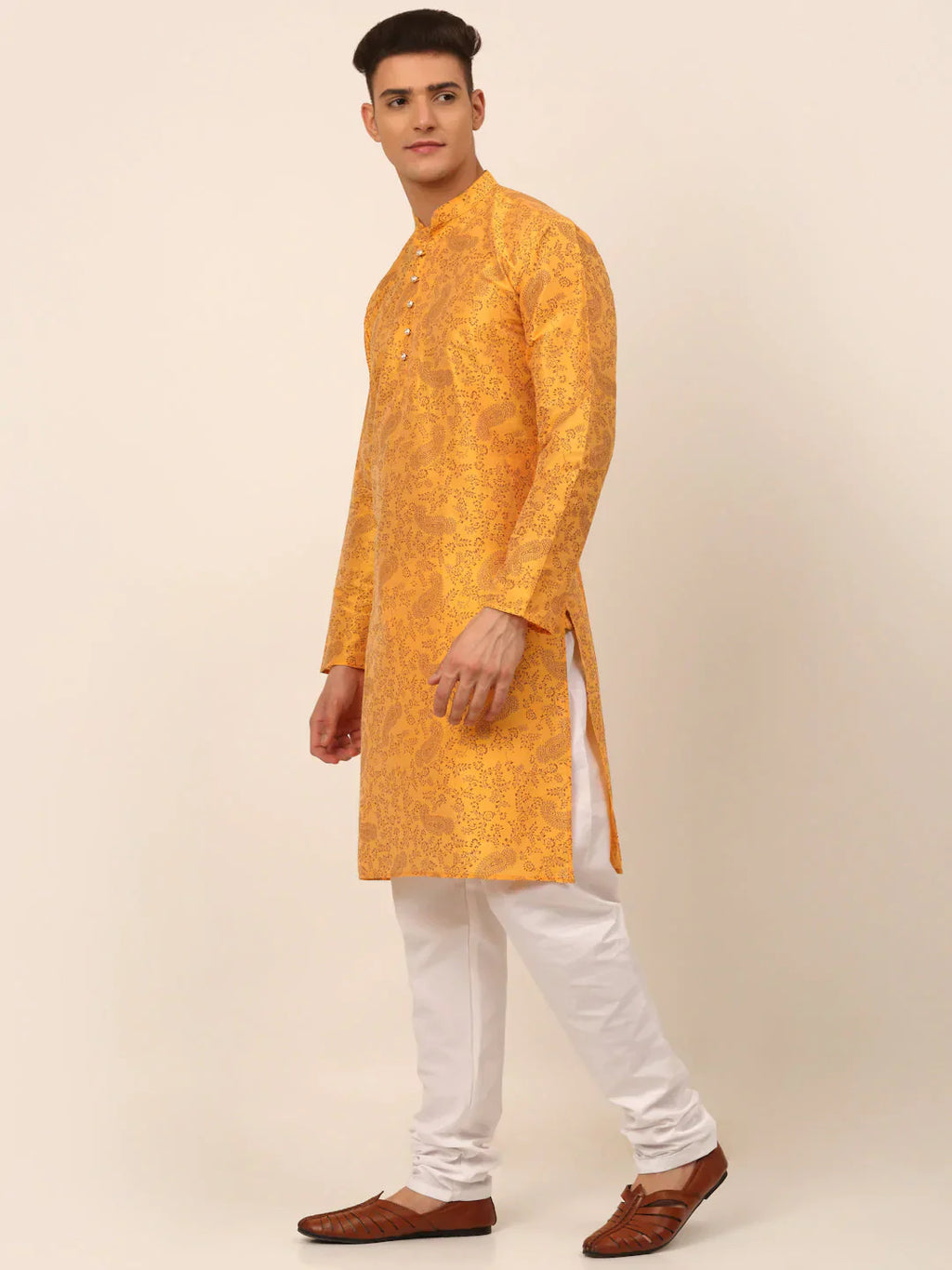 Jompers Men's Mustard Paisley Printed Kurta with Pyjama