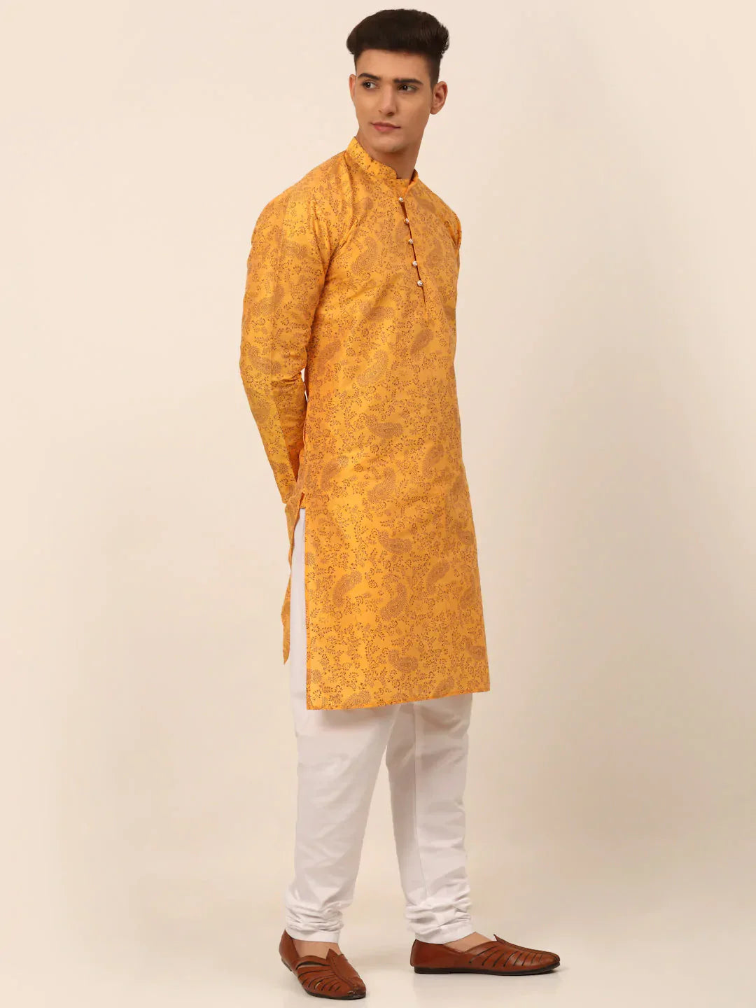 Jompers Men's Mustard Paisley Printed Kurta with Pyjama