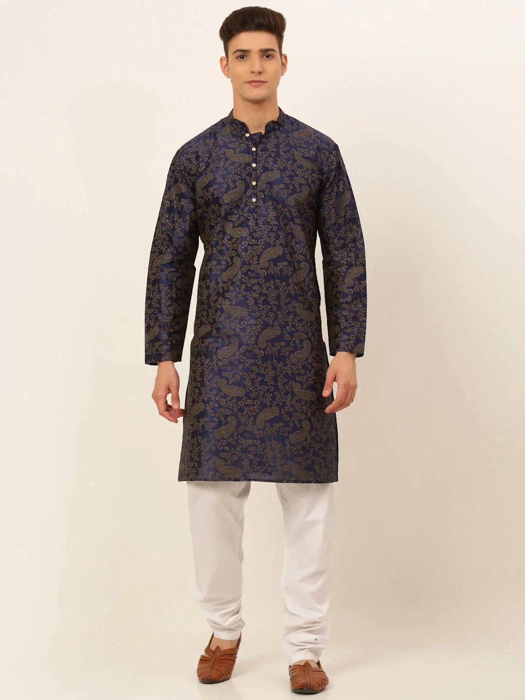Jompers Men's Navy Blue Paisley Printed Kurta with Pyjama