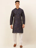 Jompers Men's Navy Blue Paisley Printed Kurta with Pyjama