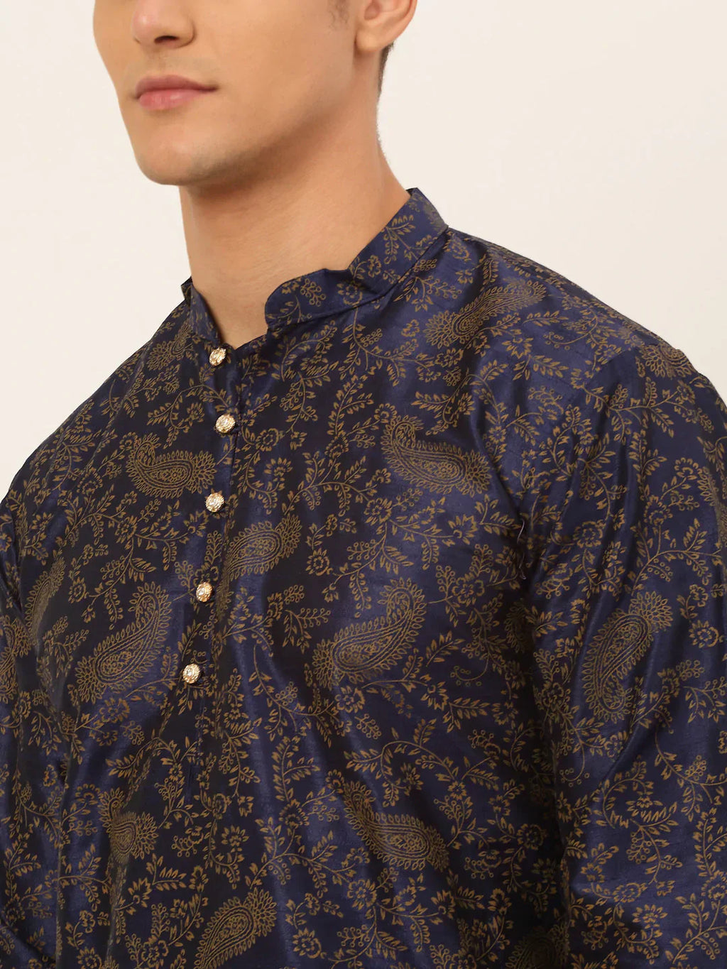 Jompers Men's Navy Blue Paisley Printed Kurta with Pyjama
