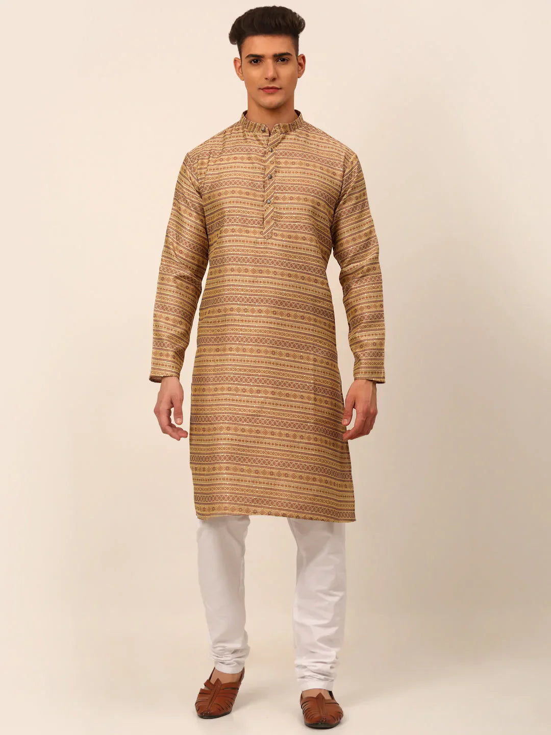 Jompers Men's Sequinned Kurta with Churidar - Brown