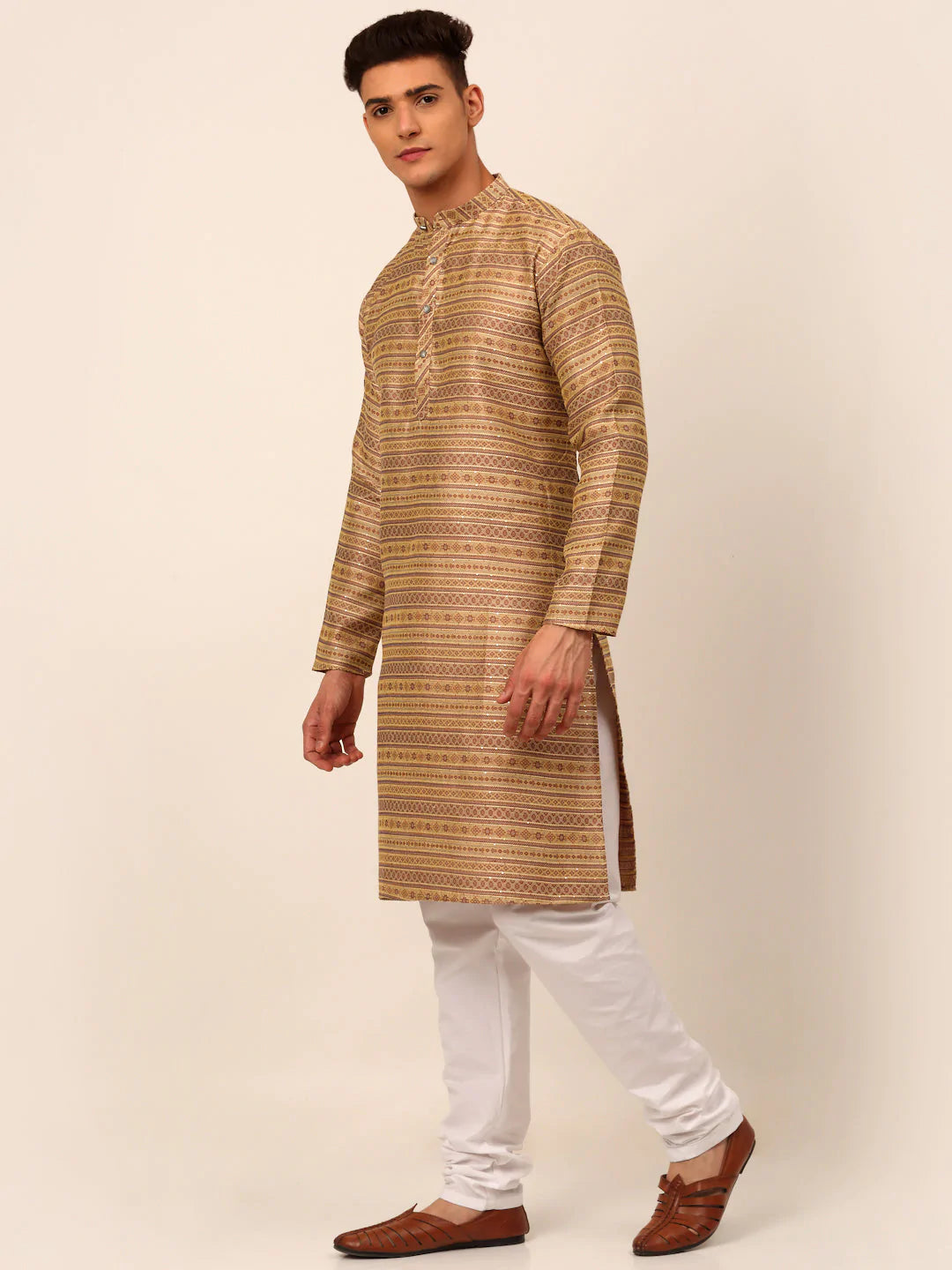 Jompers Men's Sequinned Kurta with Churidar - Brown