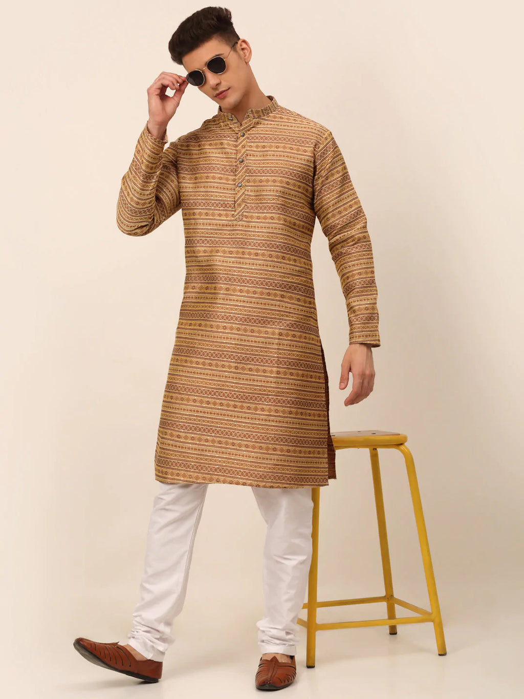 Jompers Men's Sequinned Kurta with Churidar - Brown