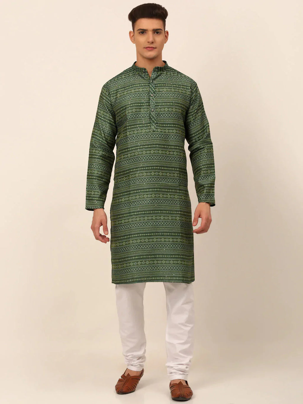 Jompers Men's Sequinned Kurta with Churidar - Green