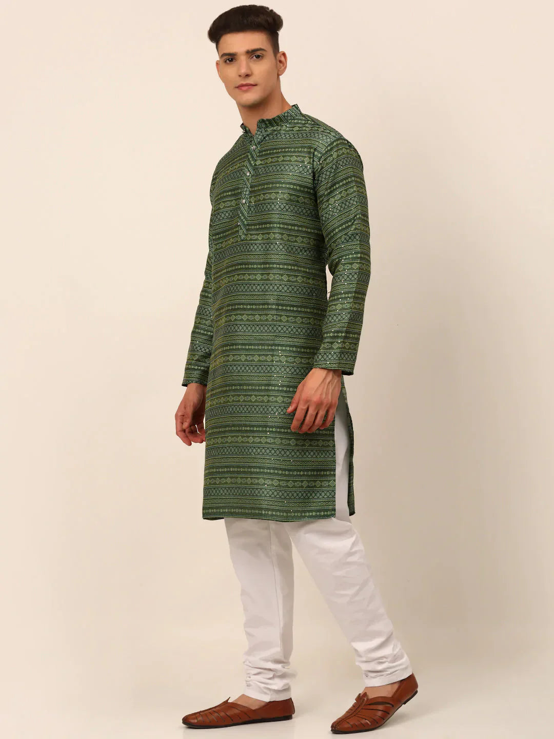 Jompers Men's Sequinned Kurta with Churidar - Green