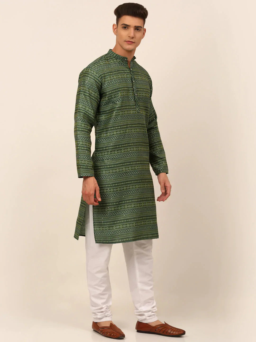 Jompers Men's Sequinned Kurta with Churidar - Green