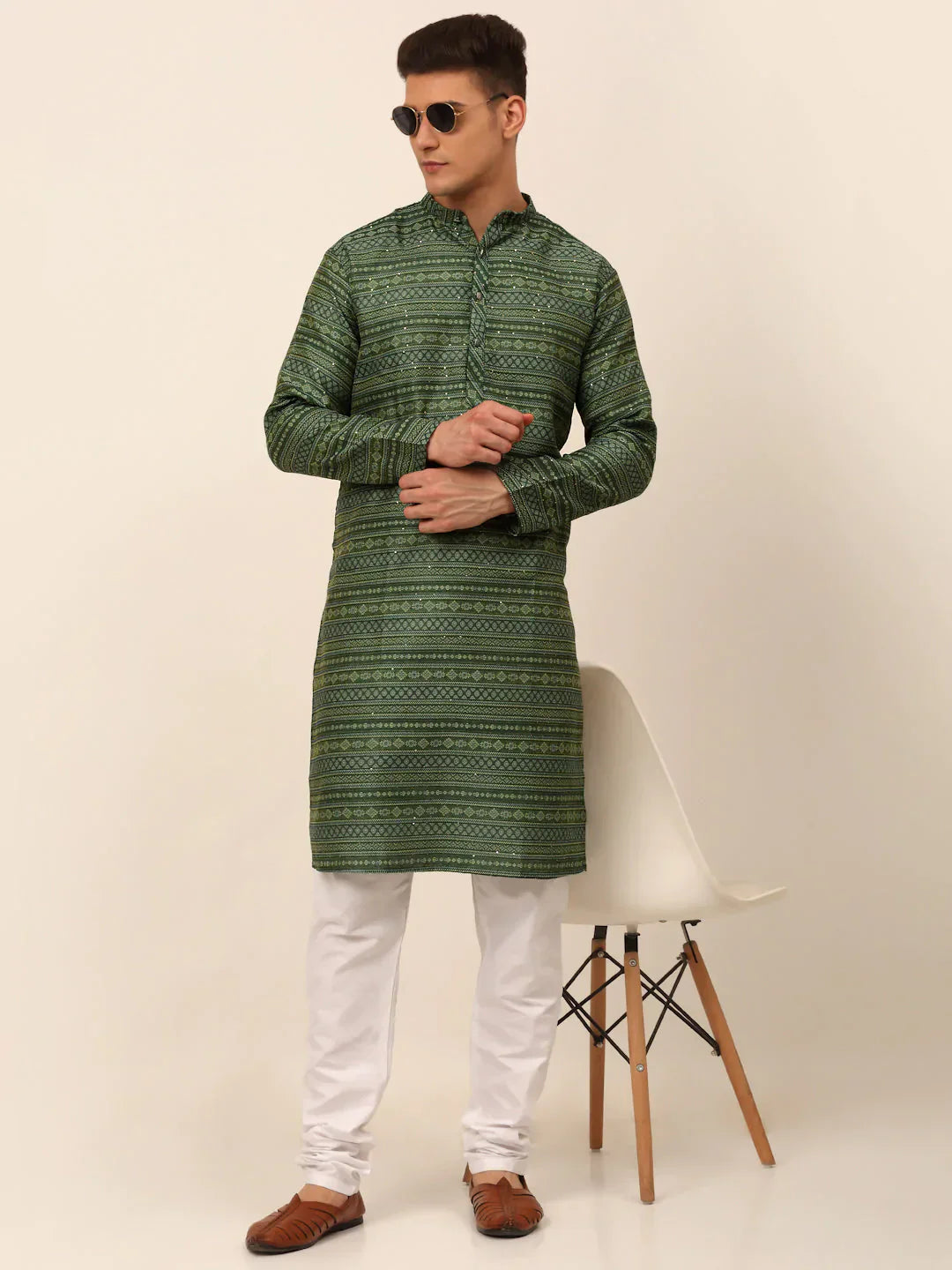 Jompers Men's Sequinned Kurta with Churidar - Green
