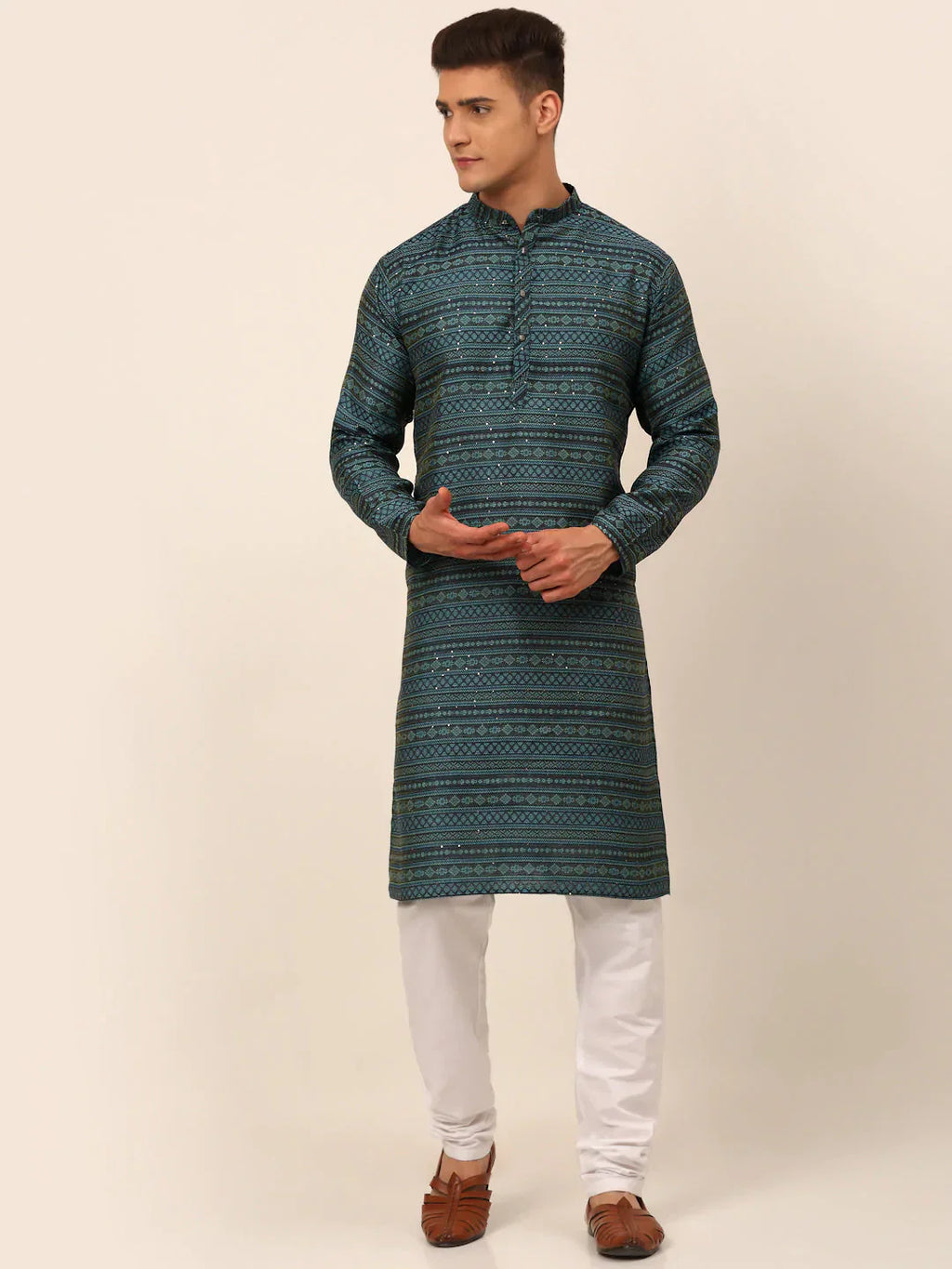Jompers Men's Printed Sequinned Kurta with Churidar - Teal