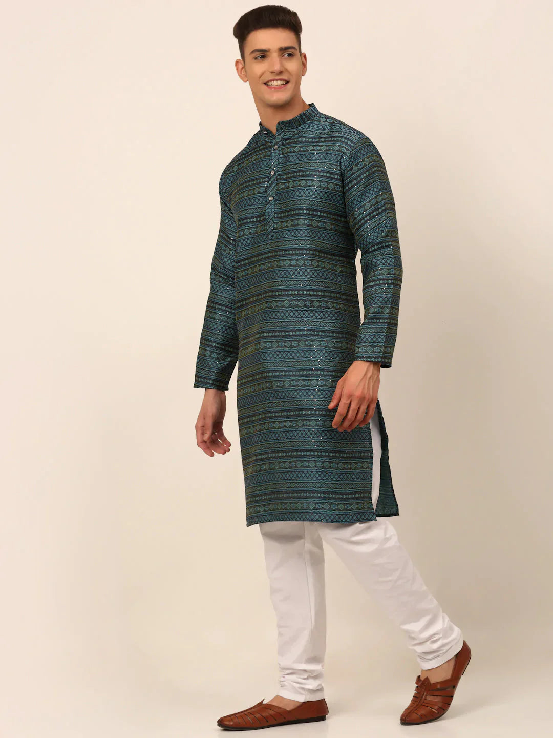 Jompers Men's Printed Sequinned Kurta with Churidar - Teal
