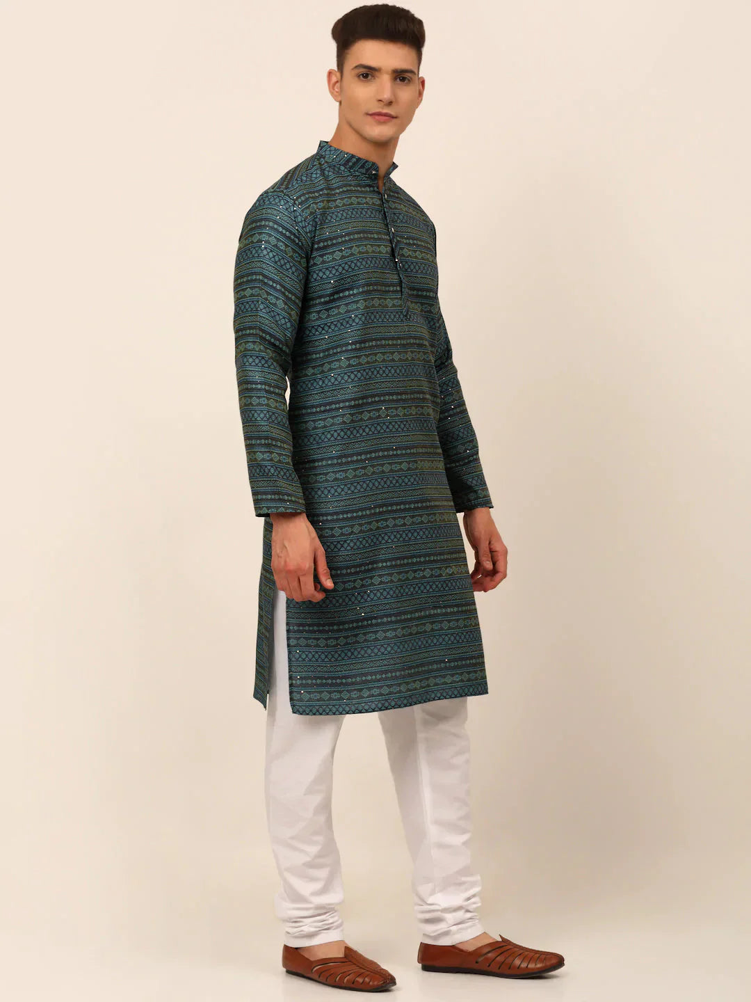 Jompers Men's Printed Sequinned Kurta with Churidar - Teal