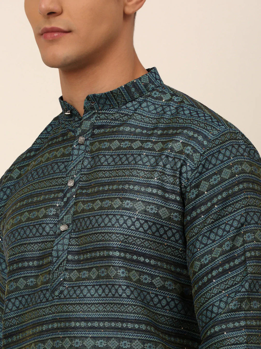 Jompers Men's Printed Sequinned Kurta with Churidar - Teal
