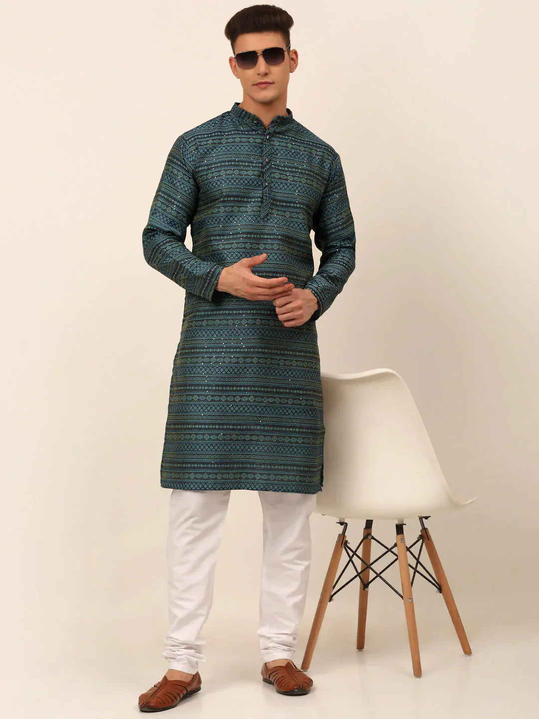 Jompers Men's Printed Sequinned Kurta with Churidar - Teal