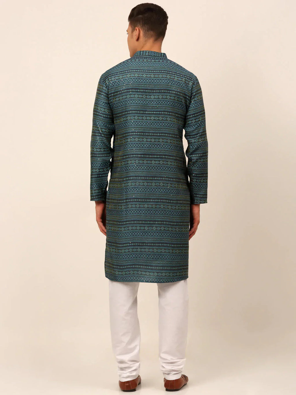 Jompers Men's Printed Sequinned Kurta with Churidar - Teal