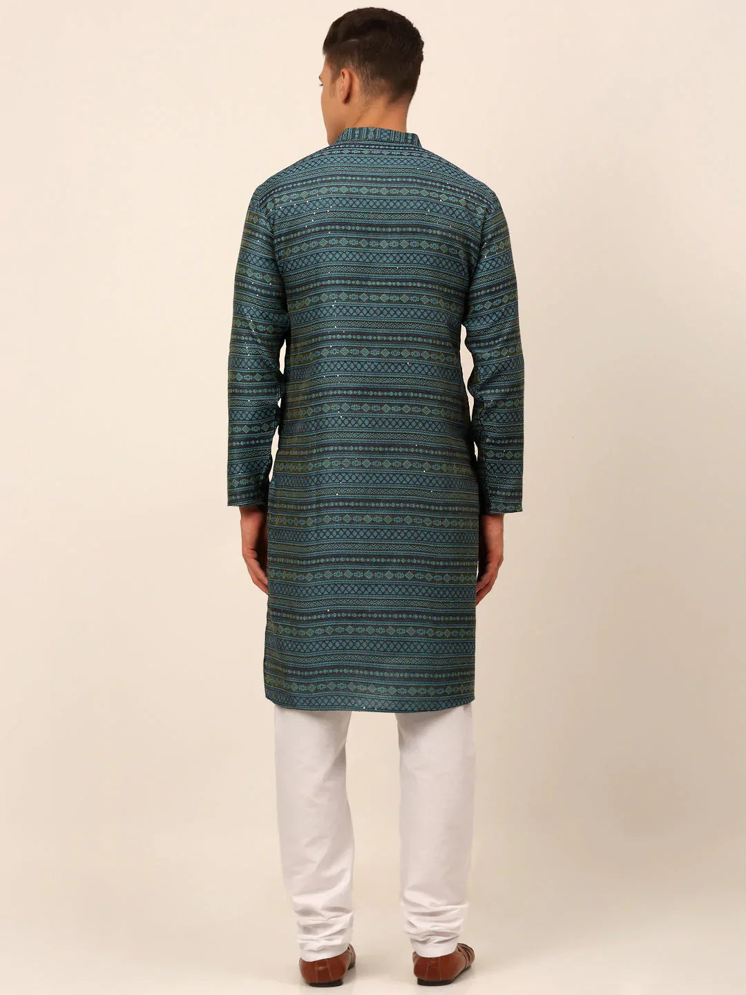 Jompers Men's Printed Sequinned Kurta with Churidar - Teal