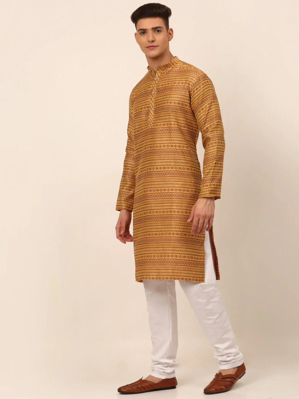 Jompers Men's Printed Sequinned Kurta with Churidar - Yellow