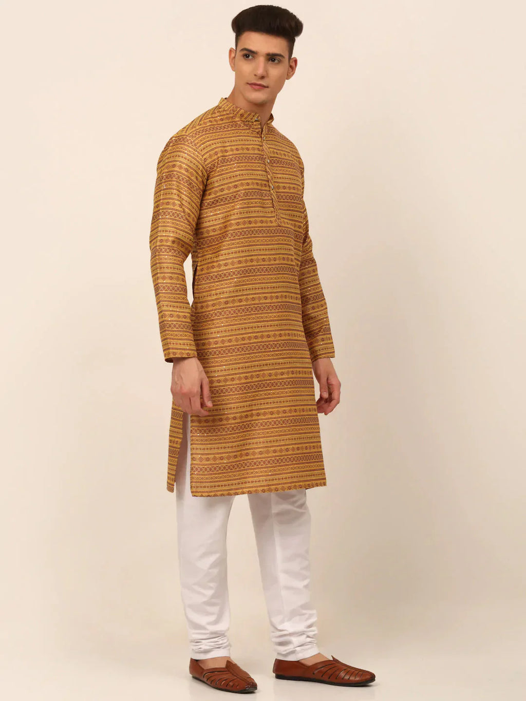 Jompers Men's Printed Sequinned Kurta with Churidar - Yellow