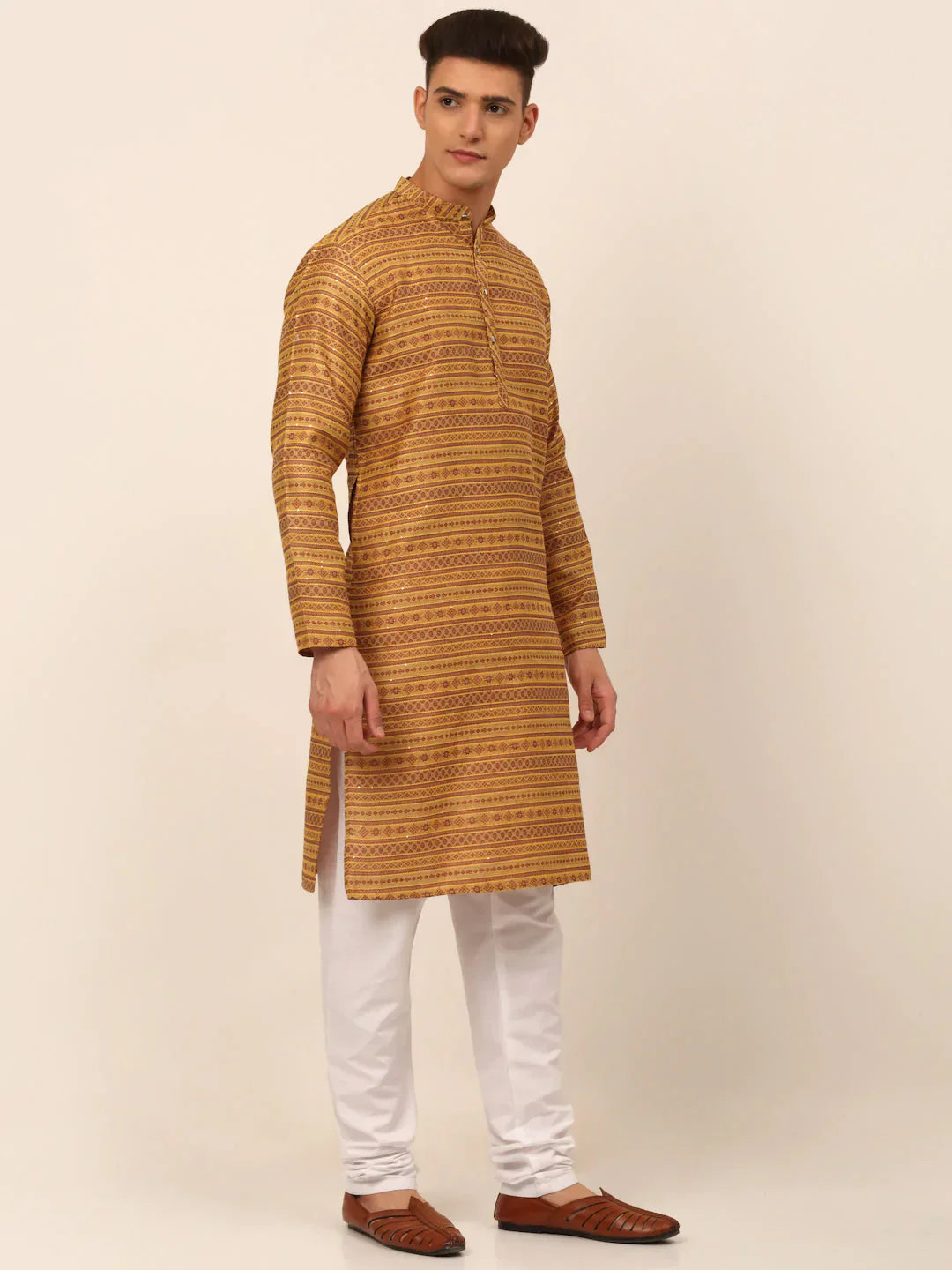 Jompers Men's Printed Sequinned Kurta with Churidar - Yellow