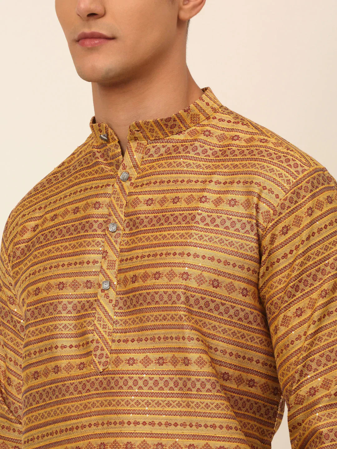 Jompers Men's Printed Sequinned Kurta with Churidar - Yellow