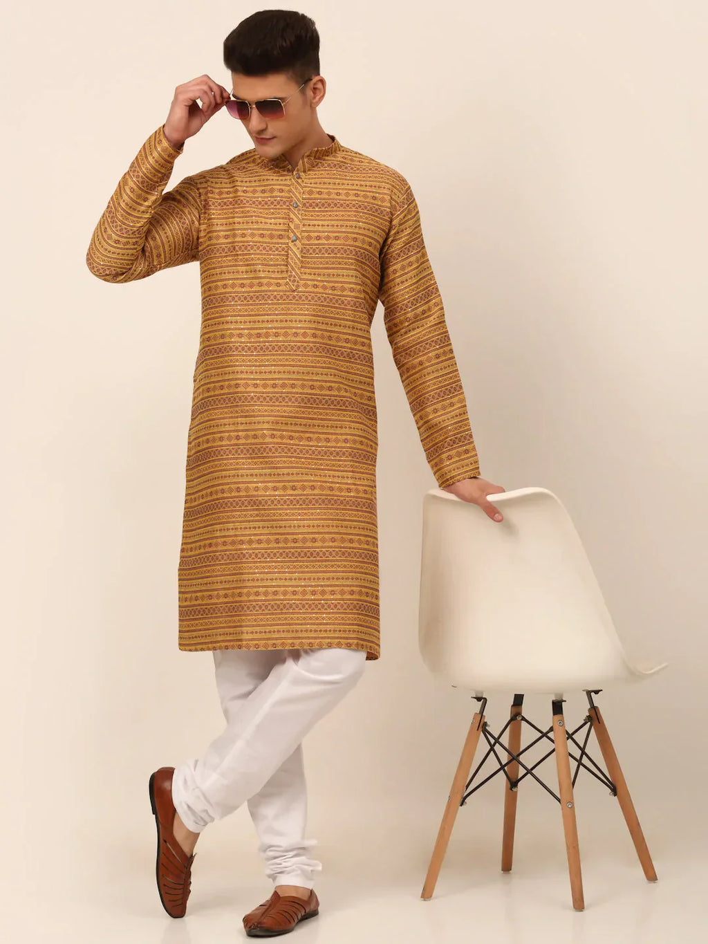 Jompers Men's Printed Sequinned Kurta with Churidar - Yellow